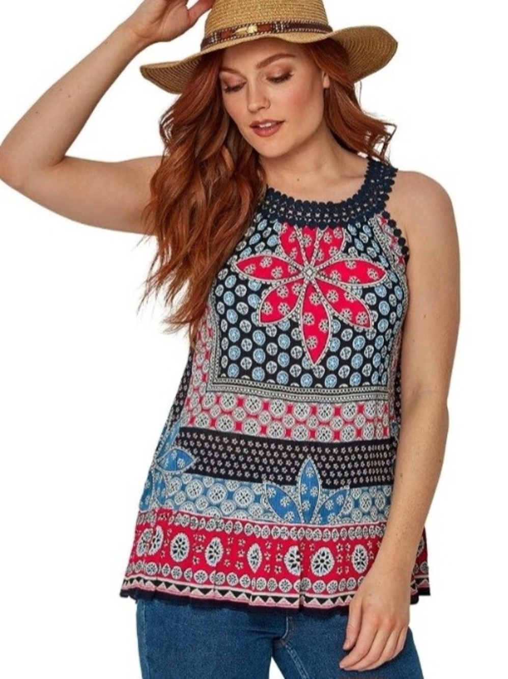 Bila Navy Tank Top with Pink & Blue Floral Medallion